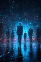 Silhouettes of people walking through futuristic digital space with glowing particles and light streams in blue and red colors creating mystical atmosphere.