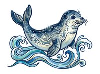 Seal swimming in stylized ocean waves with decorative swirls, isolated on white background for design projects, clipart, and merchandise applications.