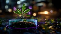 Young cannabis seedling growing in soil with futuristic neon lights and digital currency symbols, representing cryptocurrency mining and blockchain technology in agriculture.