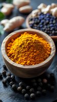 Vibrant turmeric powder in wooden bowl with black peppercorns and spices on dark slate background, used in cooking and natural medicine.