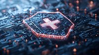 Digital security shield with medical cross symbol on circuit board background, glowing with orange light for healthcare data protection.