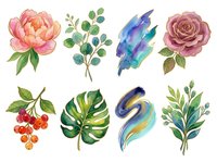 Watercolor floral and botanical elements set with peonies, roses, eucalyptus, rowan berries, monstera leaf, and abstract brushstrokes isolated on white background for design projects.