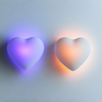 Glowing heart shapes in purple and orange with soft neon backlight effect on light gray background, romantic minimal design concept for valentines cards.
