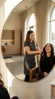 Professional hairstylist styling client hair in modern salon with natural lighting and contemporary interior design for beauty services.