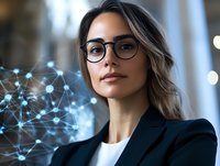 Young professional woman wearing glasses and business attire with digital network visualization overlay, representing technology leadership and innovation in corporate setting.