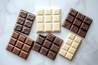 Assorted chocolate bars including dark, milk, and white varieties arranged on marble surface, showcasing different textures and patterns in rectangular segments.