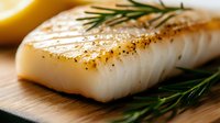 Raw cod fillet seasoned with pepper and herbs on wooden cutting board with fresh rosemary sprigs and lemon, macro view showing flaky white fish texture.