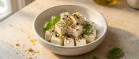 Fresh mozzarella cheese cubes with herbs and spices in ceramic bowl on marble counter. Gourmet appetizer ready for serving in modern kitchen setting.