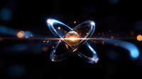 Glowing atomic particle with orbiting electron trails and light streaks on dark background, science visualization of quantum physics and nuclear energy concept.