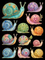 Decorative snails with ornate spiral shells in various colors including turquoise, purple, pink, blue, green and gold. Each snail features intricate patterns, floral details and embellishments. Isolated on transparent background, ready for t-shirts, stickers, clipart and print-on-demand designs.
