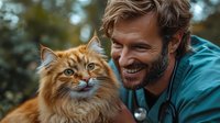 Smiling male veterinarian in scrubs with stethoscope holding fluffy orange Maine Coon cat outdoors, showcasing pet care and animal health services.