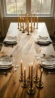 Elegant dining table set with brass candlesticks and lit candles creating warm ambiance for dinner party or special occasion celebration.
