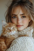 Young Caucasian woman with freckles and blue eyes holding ginger fluffy cat, wearing white knitted sweater. Natural warm light portrait showing tender connection between pet and owner.