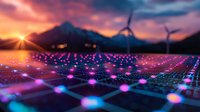 Futuristic solar farm with glowing neon connections at sunset, wind turbines in background. Mountain silhouette and dramatic sky with sun rays create sustainable energy concept.