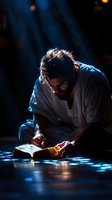 Middle Eastern man in white robe reading sacred text in dramatic blue lighting, creating spiritual atmosphere. Deep shadows and light beams illuminate ancient book on dark floor.