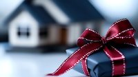 Red satin ribbon bow with silver trim against blurred house background, creating festive real estate or housewarming concept in soft focus photography.