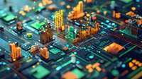 Futuristic cityscape emerging from circuit board with glowing orange and teal buildings, representing digital transformation and smart city technology concept.