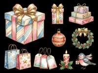 Watercolor Christmas clipart set with gift boxes, ornament, wreath, candle, bird, and tags, isolated on transparent background, ready for stickers, T-shirts, and print on demand.