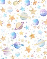 Watercolor space pattern with pastel planets, stars and cosmic elements on white background for nursery decor and children's designs.