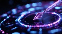 Glowing neon cryptocurrency symbol with futuristic circles on dark background, digital blockchain network visualization with purple and blue bokeh effects.