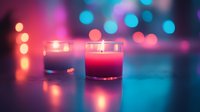 Lit candles with glowing wicks in glass holders on reflective surface, surrounded by soft bokeh lights in pink, blue, and warm tones, creating ambient atmosphere for relaxation, meditation, or home decor.