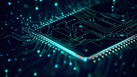 Glowing turquoise circuit board paths and electronic components on dark background with bokeh light effects create futuristic technology concept for digital designs.
