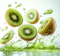 Fresh kiwi fruit slices floating with water splash and droplets on light background, dynamic food composition for healthy lifestyle and juice advertising.