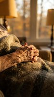 Elderly person's wrinkled hands clasped together resting on a knit blanket in a warm sunlit living room with autumn window view.