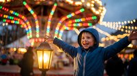 Happy young boy with lantern celebrating at festive carnival with colorful lights and carousel in background during evening twilight atmosphere.