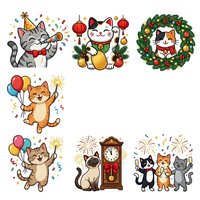 Cartoon cats celebrating with party elements, balloons, fireworks, and festive decorations on transparent background. Isolated clipart for greeting cards, invitations, and design projects.