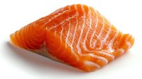 Fresh raw salmon fillet with bright orange color and visible fat lines on white background, ready for cooking. Isolated premium seafood piece for culinary use.