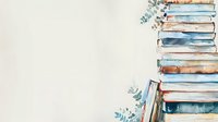 Watercolor stack of vintage books with eucalyptus leaves on neutral background for educational and literary design projects.