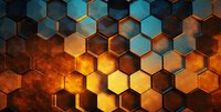 Abstract hexagonal pattern with glowing orange and teal gradient background creating futuristic technological honeycomb structure for modern business presentation designs.