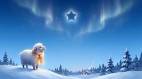 Fluffy white polar bear cub standing in snowy winter landscape with glowing star and northern lights aurora borealis in night sky above forest.