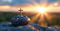 Cross on stone against dramatic sunset sky with sun rays breaking through clouds, creating spiritual atmosphere and natural lens flare effect.