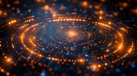 Glowing orange and blue spiral of light particles against dark background creating cosmic energy vortex effect.