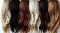 Hair color swatches showing blonde, brunette, black and red wavy extensions in various natural shades for salon styling and beauty treatments.
