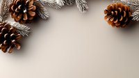 Pine cones and white frosty branches on neutral beige background with copy space, winter holiday seasonal composition for greeting cards and banners.