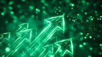 Glowing neon arrows pointing upward on digital circuit board background, representing growth, success, and financial progress in technology and business analytics.