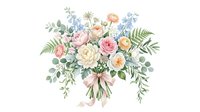 Watercolor floral bouquet with pink roses, cream peonies and eucalyptus leaves tied with ribbon on white background isolated for wedding invitations.