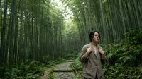 Woman in beige jacket walking through dense bamboo forest on pathway, surrounded by tall green stalks and natural light filtering through canopy.