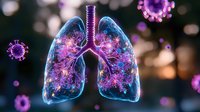 Glowing blue and purple human lungs with coronavirus particles floating around on dark background, medical science concept visualization.