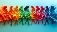 Colorful paper cut silhouettes of dancing women in flowing dresses arranged in rainbow gradient from orange to blue on turquoise background. Creative wall art design.