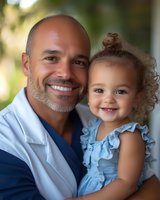 Smiling healthcare professional in white coat holding cheerful mixed-race toddler girl with curly hair in blue dress, representing family care and medical support.