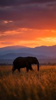 Majestic elephant silhouette grazing in golden grassland at dramatic sunset with purple orange sky and mountain backdrop for wildlife conservation campaigns.