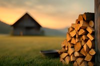 Stacked firewood pile against rustic barn backdrop during golden sunset, with chopping axe on grass, creating warm countryside atmosphere at mountain farmhouse.