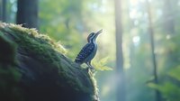 Woodpecker perched on mossy log in misty forest at dawn, sunlight filtering through trees creating ethereal atmosphere.