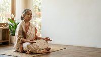 Senior woman with gray hair and South Asian ethnicity practicing meditation in lotus position on yoga mat indoors near window, wearing beige traditional clothing for wellness and mindfulness.