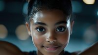Young African American girl with bright smile and expressive eyes against dark background with soft bokeh lights creating magical atmosphere for childhood portraits.