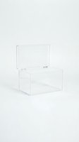 Clear acrylic storage box with hinged lid isolated on white background for product photography and design projects.